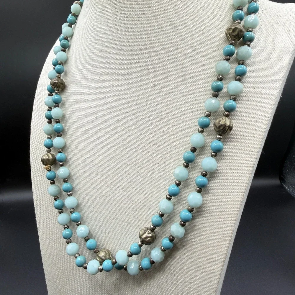 Turquoise & Silver Tone Blue Beaded Double Strand Necklace Faceted Boho Jewelry